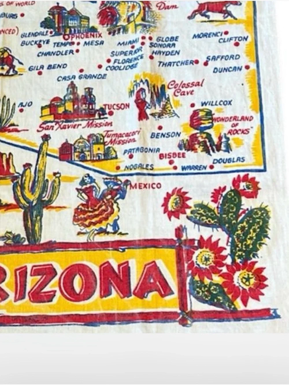 Vintage 1960’s Arizona Souvenir Tea Towel with Southwestern Map